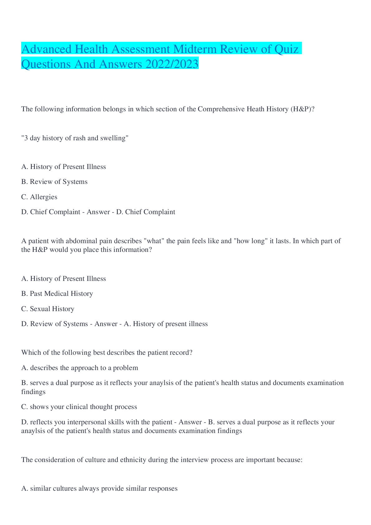 Preview image for Advanced Health Assessment Midterm Review of Quiz Questions And Answers 2022/2023